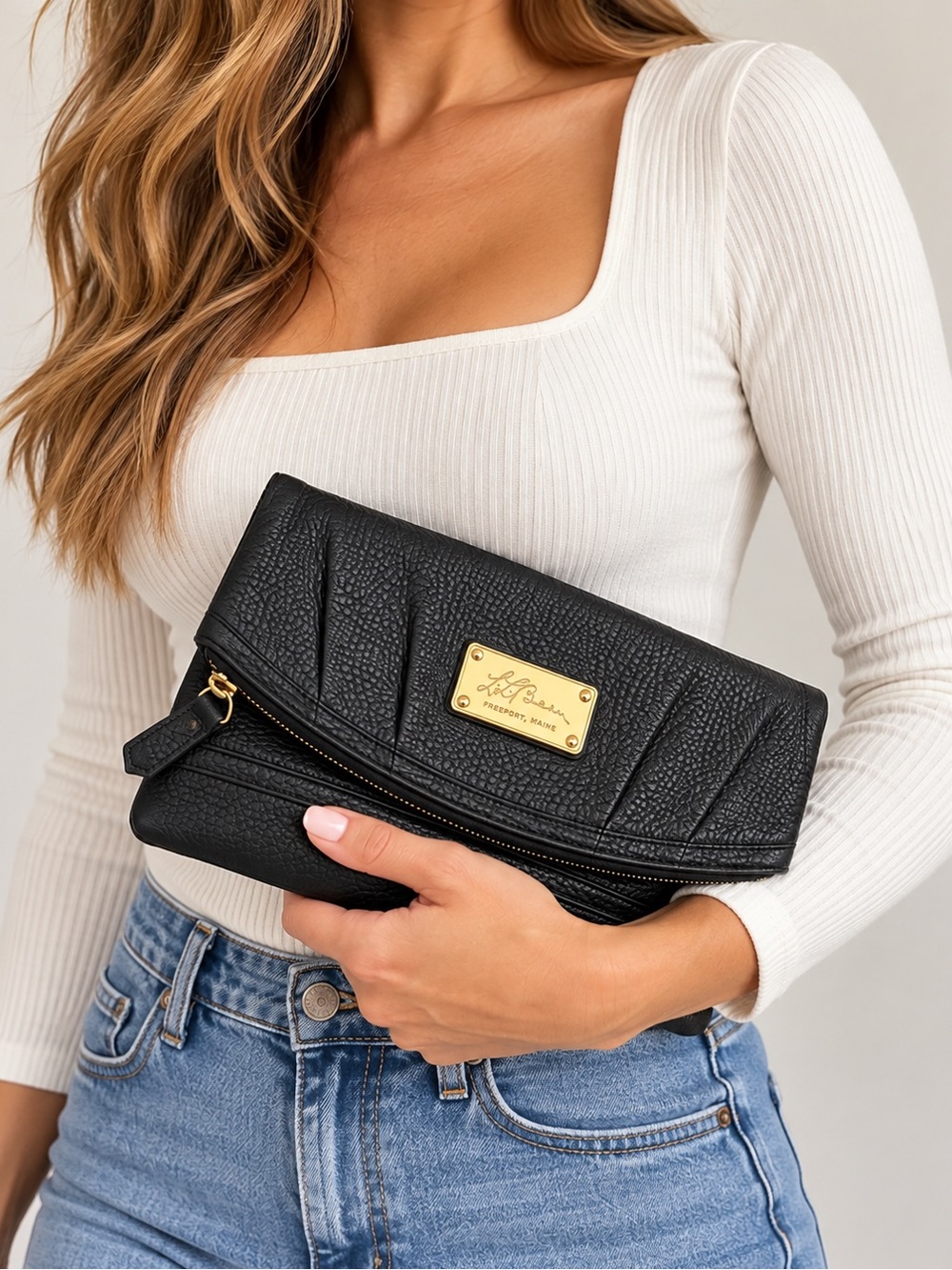L.L.Bean Black Pebbled Leather Foldover Clutch Purse Gold Hardware 100% Leather